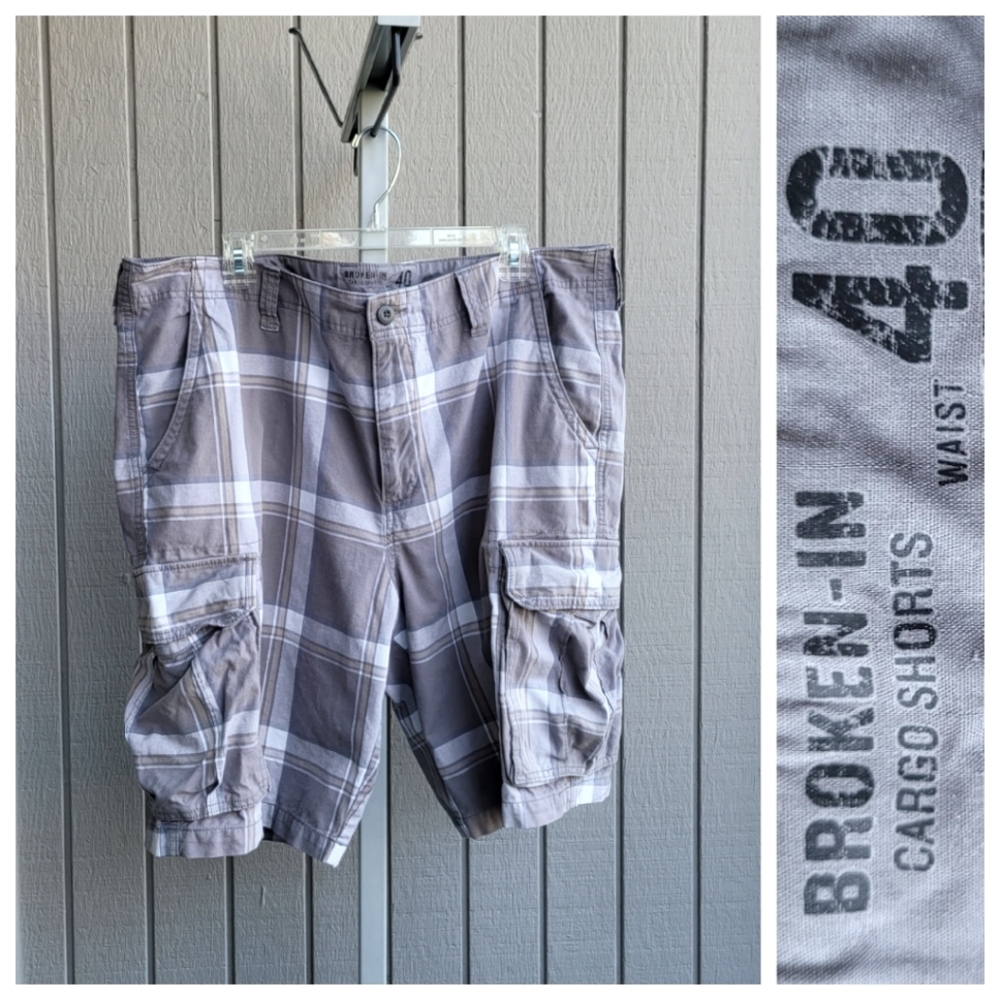 Favorite Khakis Broken-In Cargo Shorts Plaid Grey Blue Tan Men's 40 Old …